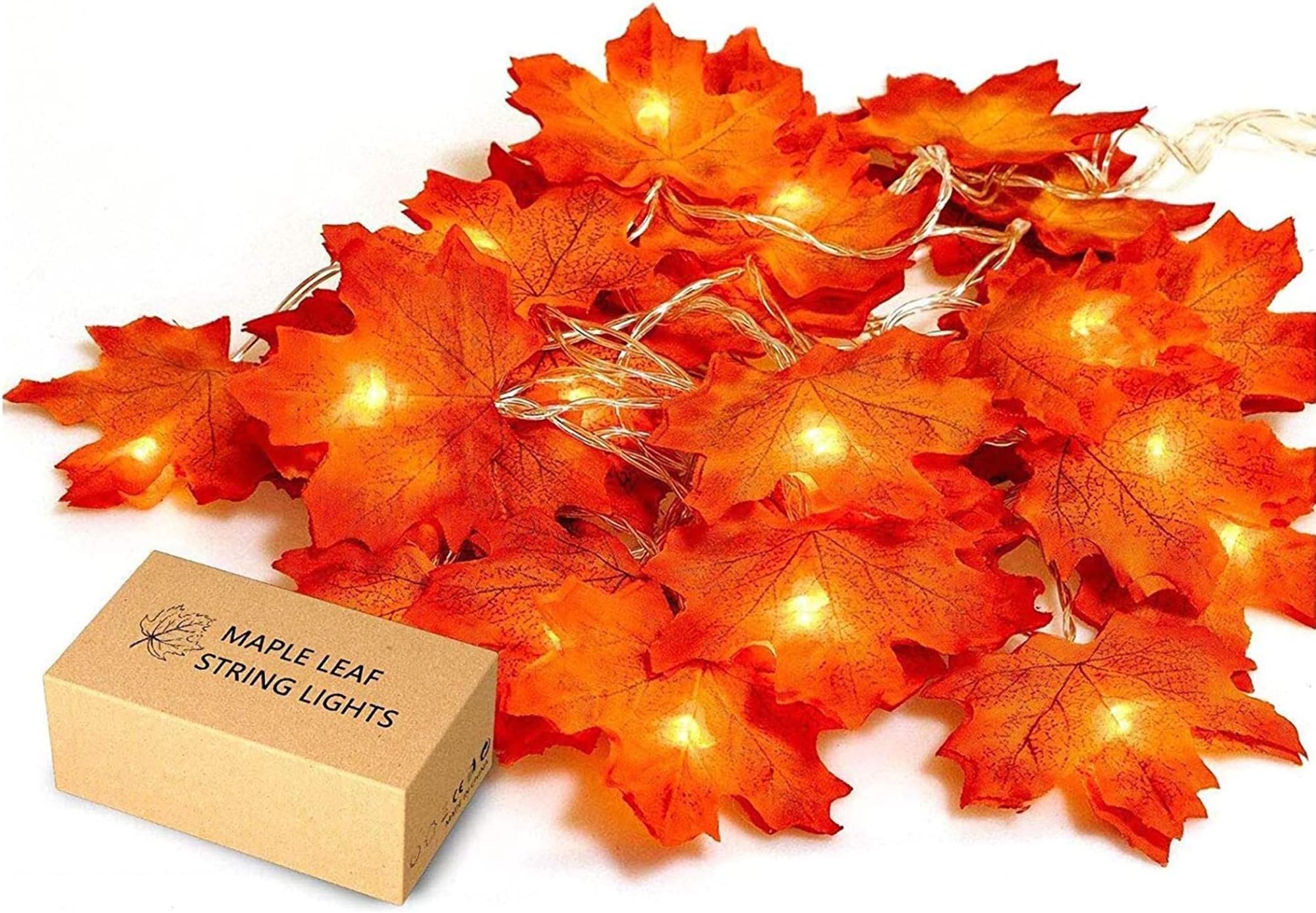 JamBer Fall Maple Leaf Garland 20 LED Maple Leaves Fairy Lights 7.4 Feet Fall Garland Lights Waterproof Maple Leaf String Lights 3AA Battery Powered Lighted Garland for Thanksgiving Halloween Decor