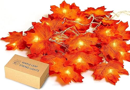 JamBer Guirnalda de hojas de arce de otoño, 20 luces LED de hadas de hojas de arce de 7.4 pies, guirnalda de luces de otoño impermeable, guirnalda