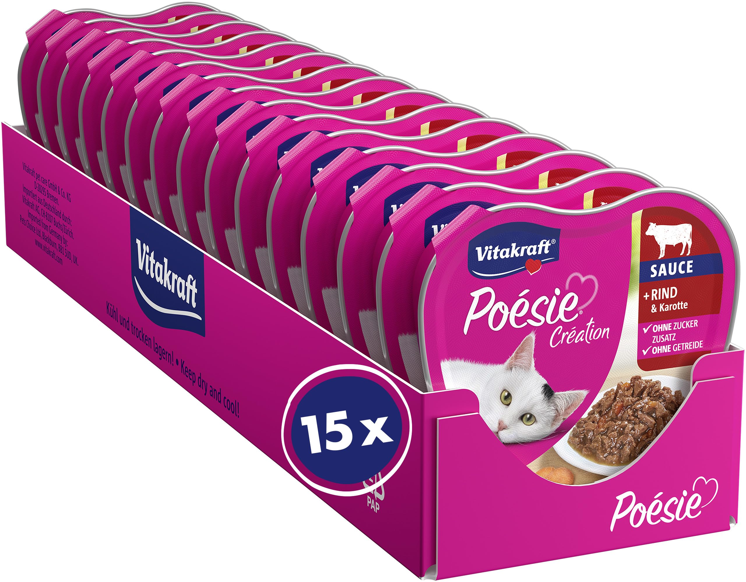 Vitakraft Poésie Création, Nassfutter Katze, Katzennassfutter in Sauce, mit Rind und Karotte, Vorratspackung, ohne Zusatz von Zucker und Getreide (15x 85g)