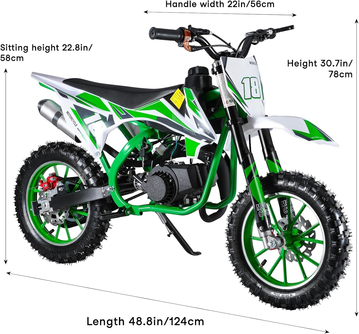 50cc Kids Dirt Bike | 2-Stroke Gas Powered Mini Motorcycle | 10" Tires Dirtbike Pitbike | Off-Road Dirt Bike for Kids 8-14 with Front Rear Disc Brakes and Shock Absorption Green