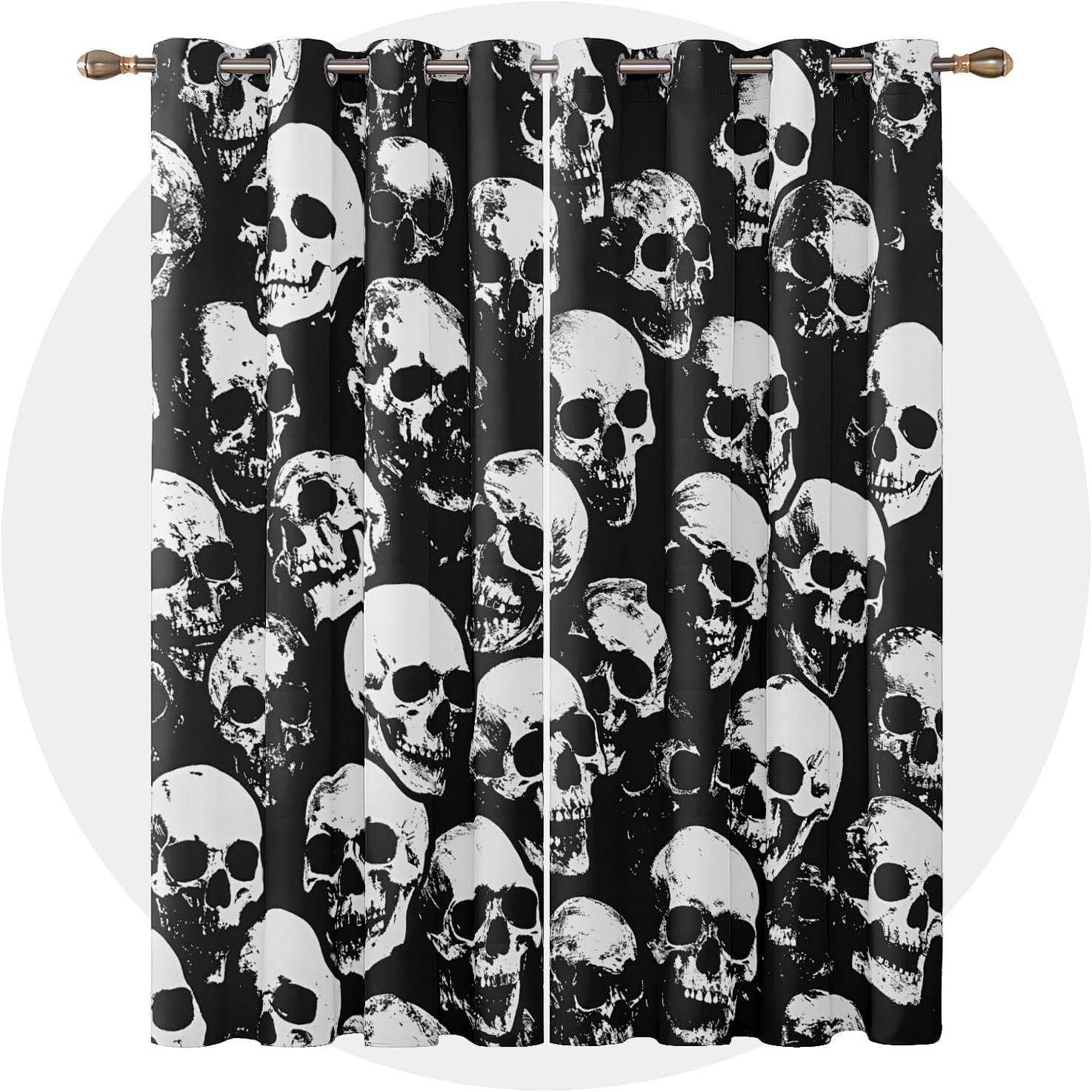 Skull Curtains 63 Inch Length - Gothic Skeleton Black and White Patterned Blackout Curtains for Living Room Bedroom, Room Darkening Grommet Drapes Window Treatments, 2 Panel Set