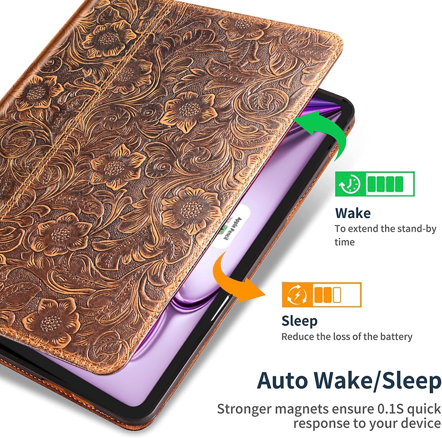 Gexmil Genuine Leather Case for iPad Air 13 Inch M3 2025/ M2 2024,Premium Leather Smart Folio Cover, Auto Sleep/Wake,Adjustable Stand, Anti-Slip,Floral Brown - Image 6