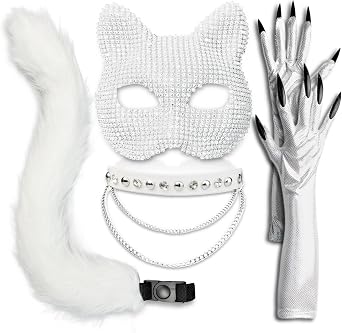 Cat Costume for Women - Collar Choker, Gloves, Rhinestone Mask, Tail & Accessories