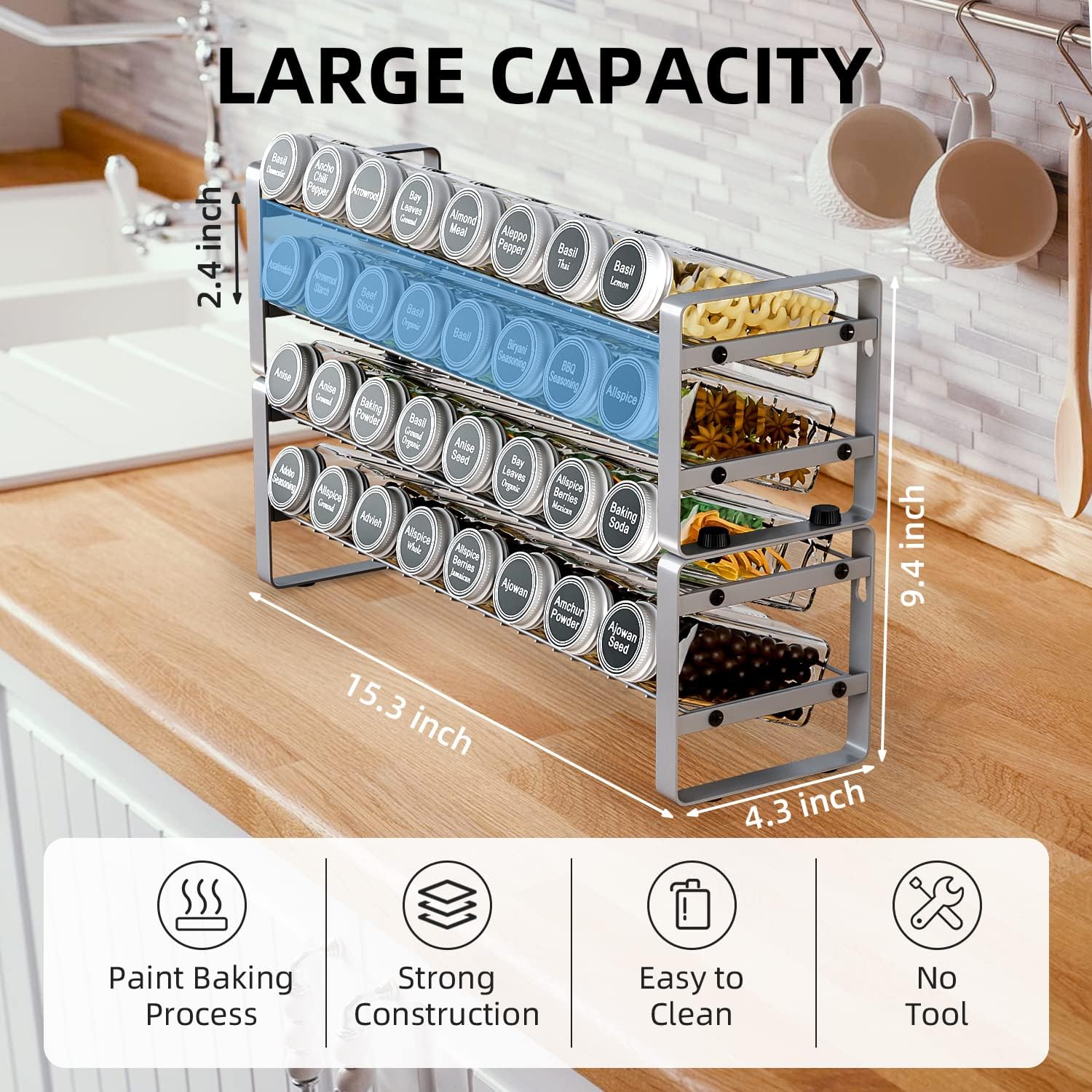 JONYJ Spice Rack Organizer with 32 Empty Square Spice Jars, 396 Spice Labels, Chalk Marker and Funnel Complete Set for Cabinet, Countertop or Wall Mount - 4 Tier