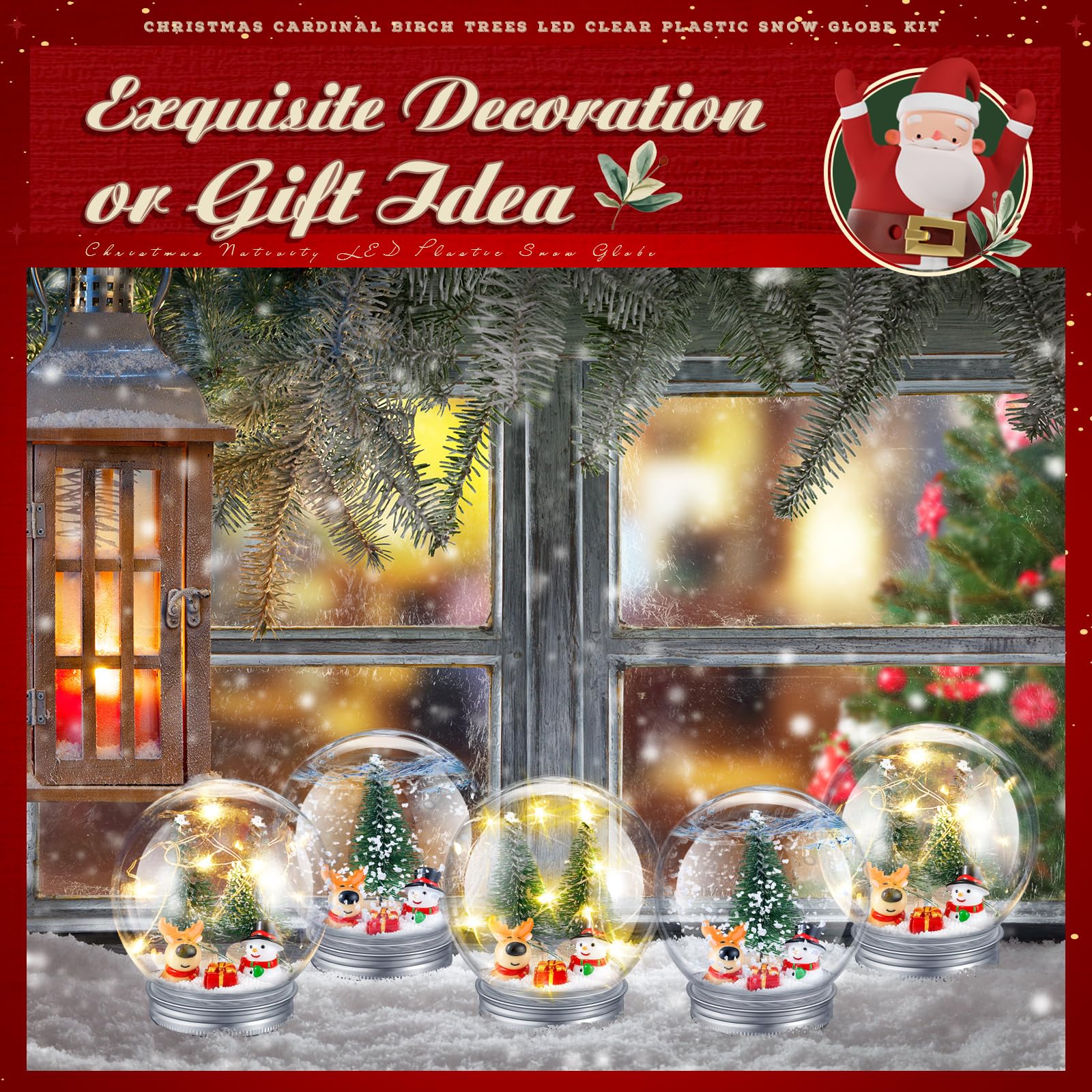 Liliful Lot de 16 boules à neige de Noël à faire soi-même comprenant une boule à neige en plastique LED de 9 cm avec bouchon à visser - Mini arbre de Noël artificiel - Bonhomme de neige, Père Noël