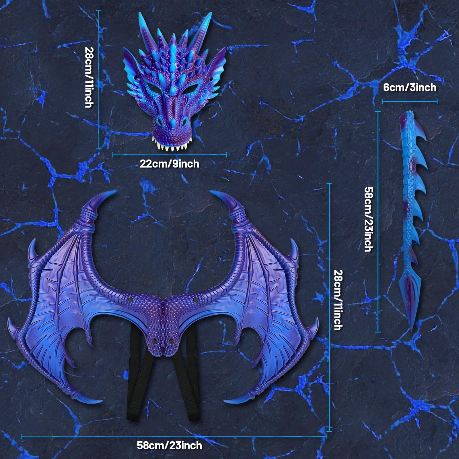 Disfraz de dragón para niños, juego de máscara de cola de dinosaurio, disfraz de Halloween para cosplay, máscara de disfraz de dragón para niños (azul frío) 2