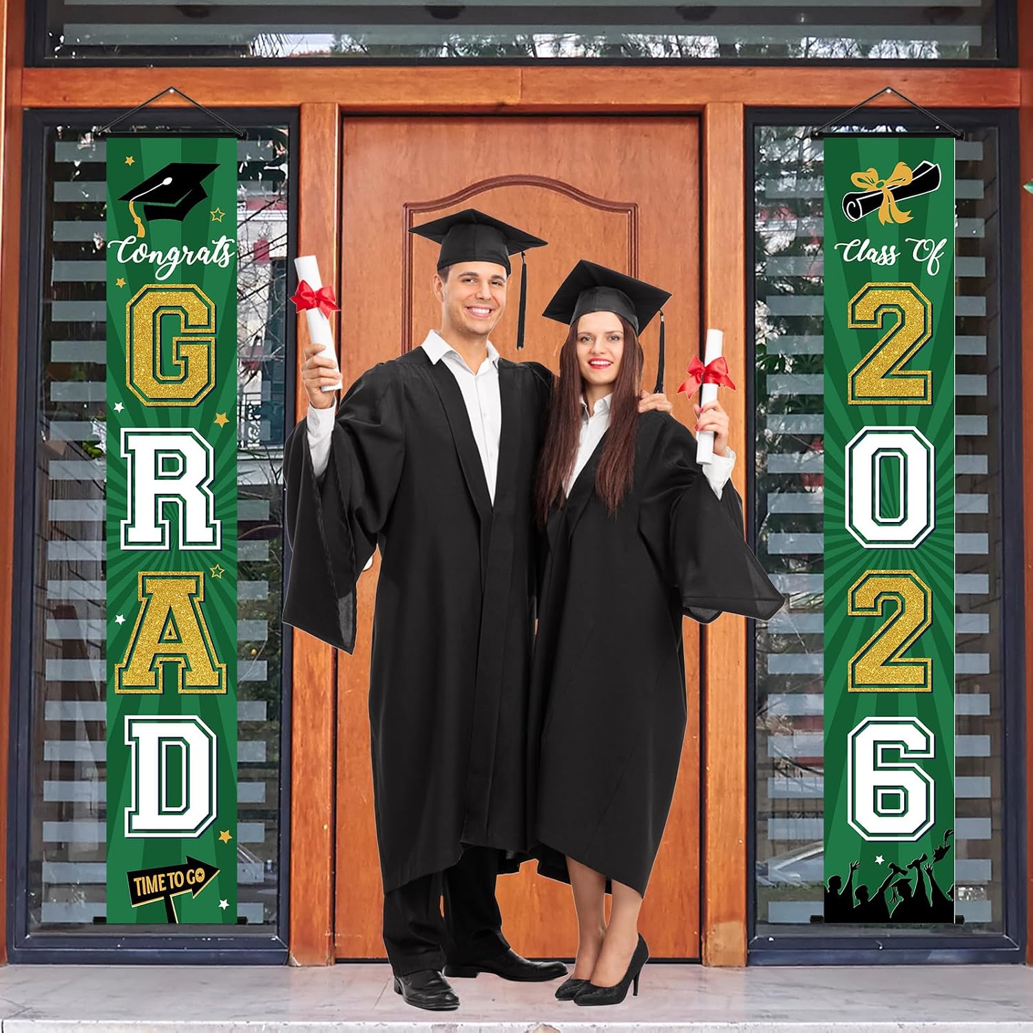 Graduation Banner 2026 Graduation Decorations Green and Gold Grad Banner Porch Sign Class of 2026 Door Decor Congrats Hanging Backdrop Green Gold Grad Party Decor for School Congratulations Supplies