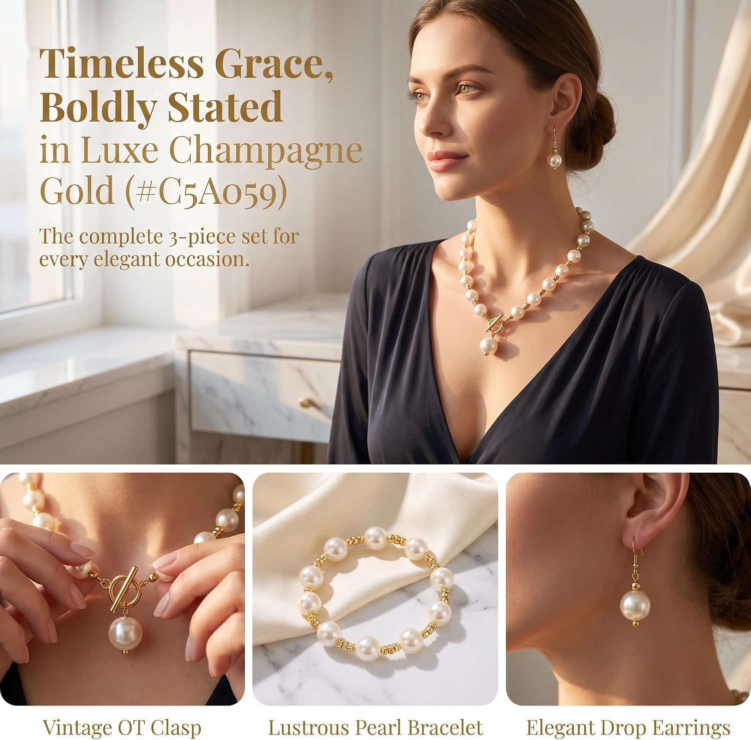 3‑Pcs Gold‑Tone Chunky Simulated Pearl Jewelry Set for Women