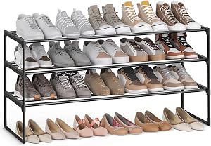 SONGMICS Shoe Rack, 3-Tier Shoe Organizer, Sturdy Storage Shelf, Upright or Upside Down, for 20-24 Pairs, Stackable, for Entryway, 30 x 117 x 55 cm, Black ULSA033B01 | Stackable Shoe Organizer for 20-24 pairs, for Entryway, Upright or Upside Down, Bl