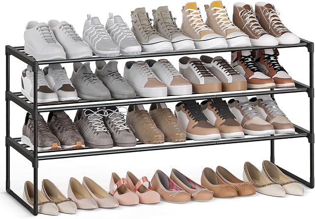 SONGMICS Shoe Rack, 3-Tier Shoe Organizer, Sturdy Storage Shelf, Upright or Upside Down, for 20-24 Pairs, Stackable, for Entryway, 30 x 117 x 55 cm, Black ULSA033B01 | Stackable Shoe Organizer for 20-24 pairs, for Entryway, Upright or Upside Down, Bl