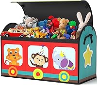 Vista 1 de YOHOOLYO Toy Storage Organizer for Kids, 28.3x12.6x17.3 Large Sturdy Flip-Top Toy Box with Fabric Lid & Handles, Cute Train Design Toy Chest Bin Box