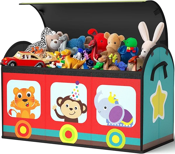 YOHOOLYO Toy Storage Organizer for Kids, Large Sturdy Flip-Top Toy Box with Fabric Lid & Handles, Cute Train Design Toy Chest Bin Box Baskets for Playroom, Nursery, Boys, Girls