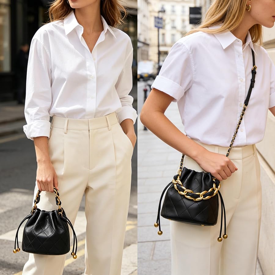 DORIS&JACKY Small Top Handle Bucket Bag, Designer Lambskin