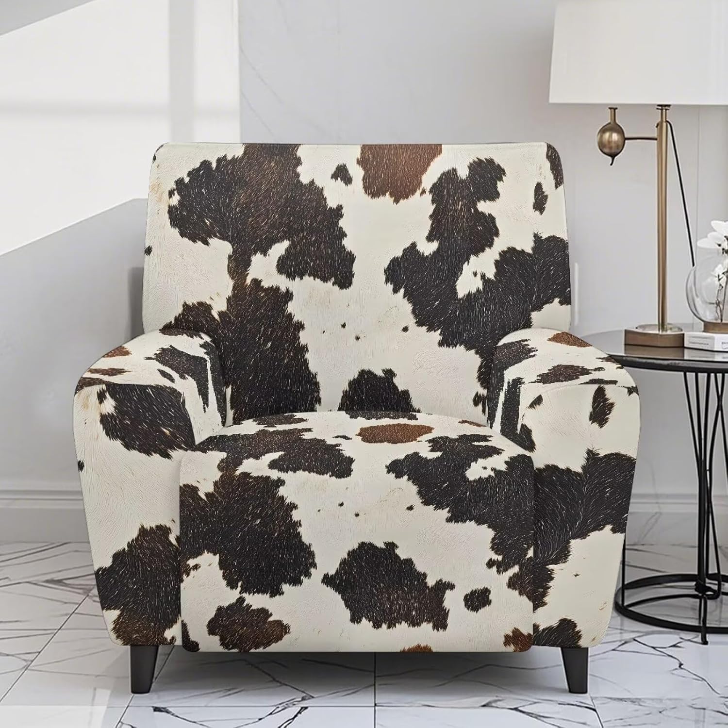 Cow Print Recliner Chair Covers Lazy Boy Recliner Covers Stretch Reclining Covers 4 Piece Anti-Slip Fitted Couch Cover Furniture Protector with Elastic Bottom