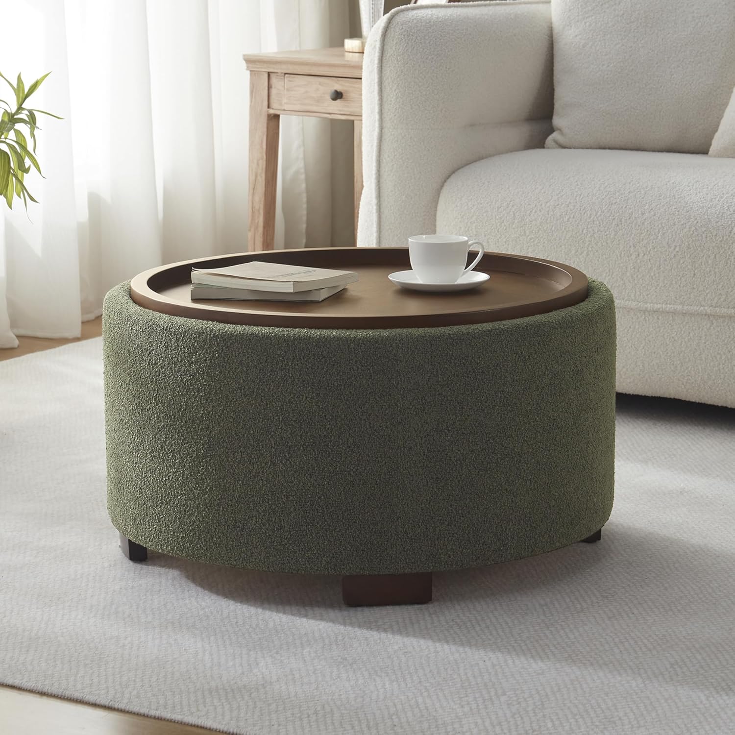 Zihanhome 30 Inch Round Boucle Storage Ottoman Coffee Table with Lift-Top Lid & Solid Wood Legs - Green Modern Living Room Furniture
