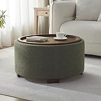 Zihanhome 30 Inch Round Boucle Storage Ottoman Coffee Table with Lift-Top Lid & Solid Wood Legs - Green Modern Living Room Furniture