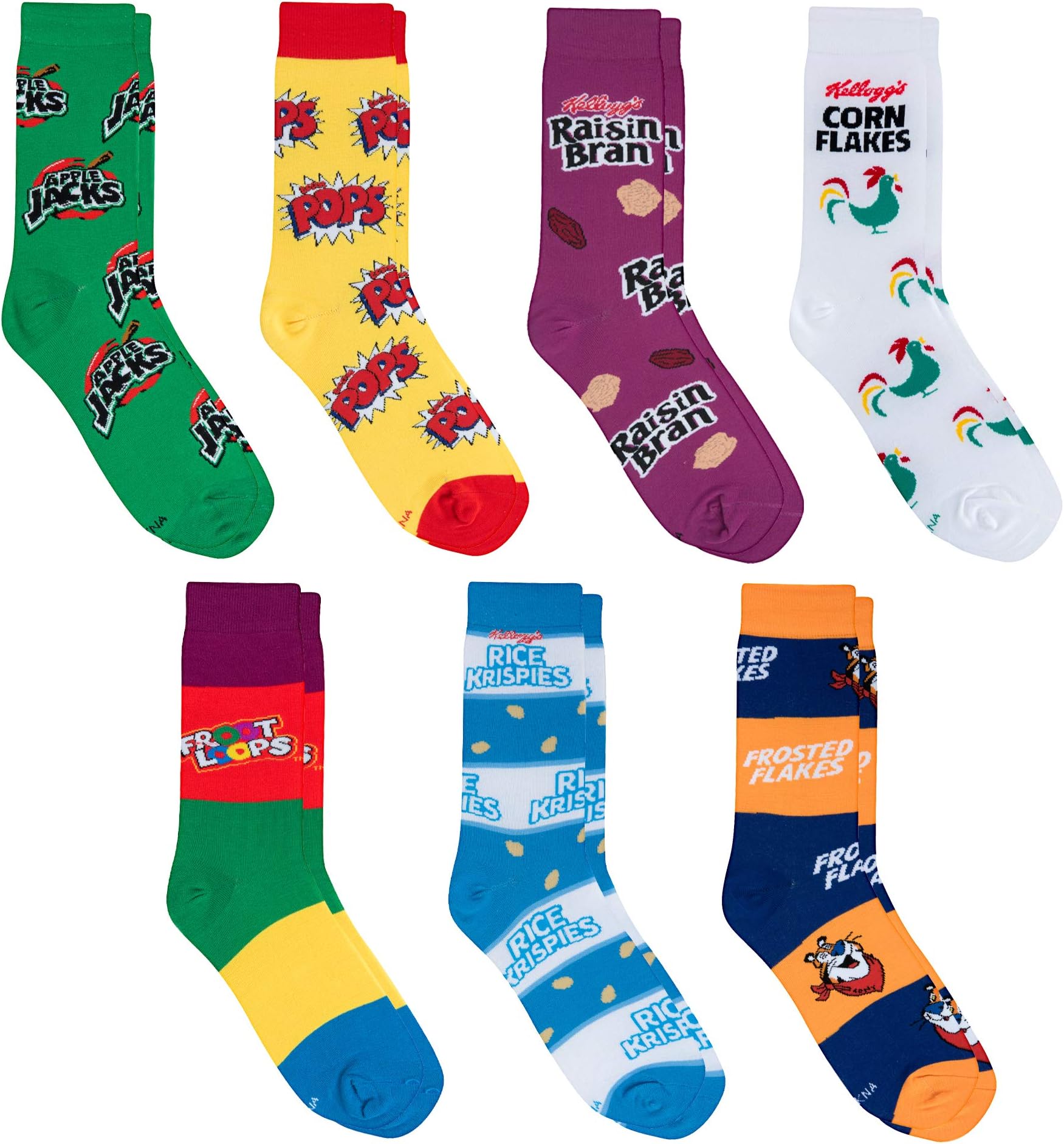 Breakfast Cereal Crew Sock Gift Set - 7-Pack Novelty Crew Socks Value Bundle - Size Large for Men & Women - Funny Food-Themed Cool Sox - Cozy Daily Wear - Great Gift for Fans Holidays