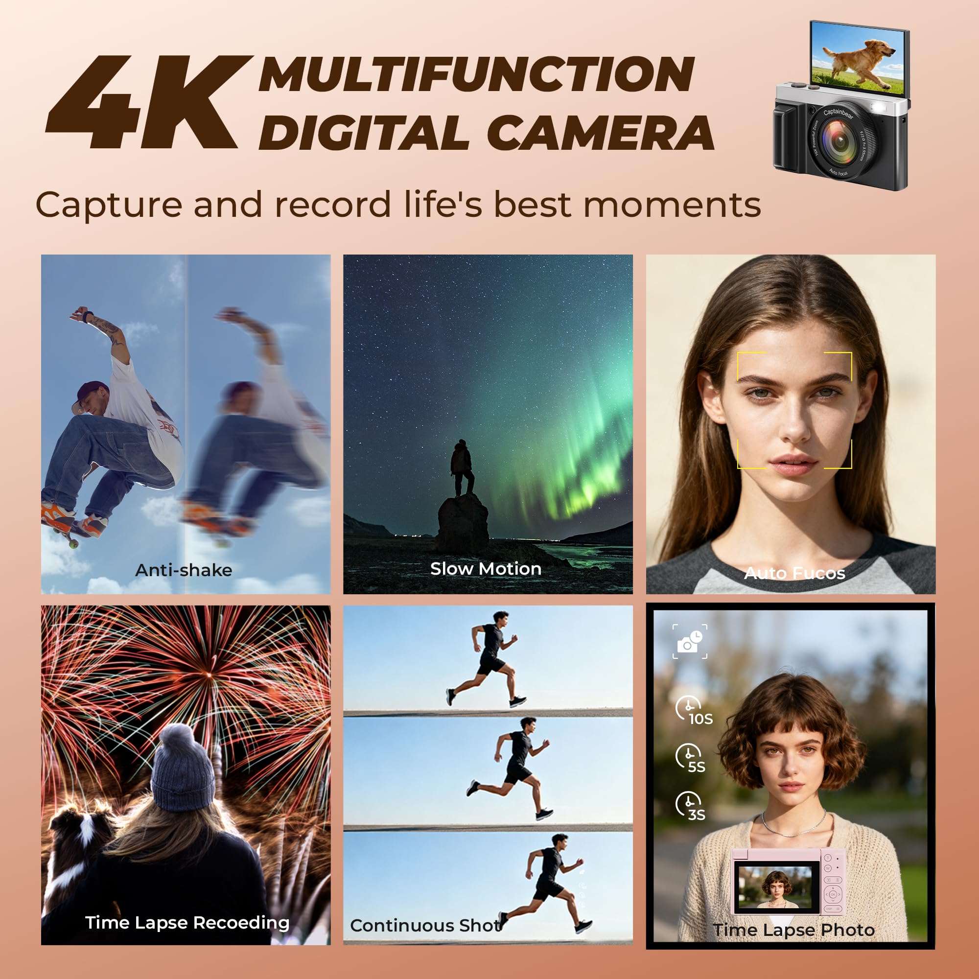 Cámara digital 4K, cámaras de 64 MP para fotografía con zoom digital de 16X, cámara de vlogging de enfoque automático para YouTube, cámara de viaje compacta con pantalla abatible de 180° de 3 pulgadas