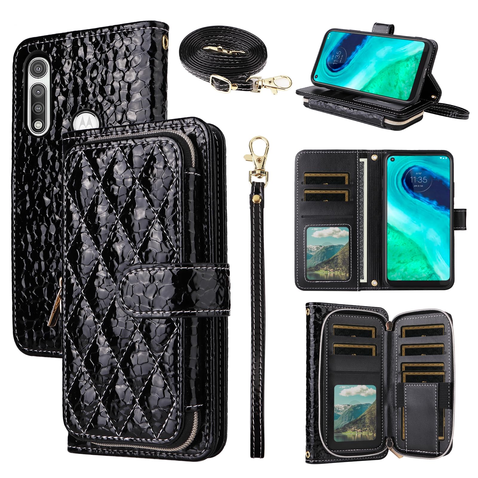 Argyle - Custodia a portafoglio per Moto G Fast 2020 con tracolla e cinturino da polso, in pelle PU, con cavalletto e cerniera, antiurto, per Motorola GFast XT2045-3, per donne e uomini, colore