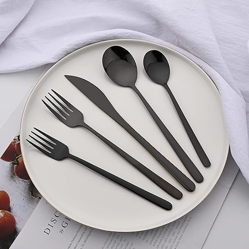 Miniatura 2 de Juego de 20 cubiertos de acero inoxidable 304, saludable y ecológico, espejo de viaje plateado pulido, cuchillo negro pulido, cuchara, tenedor,