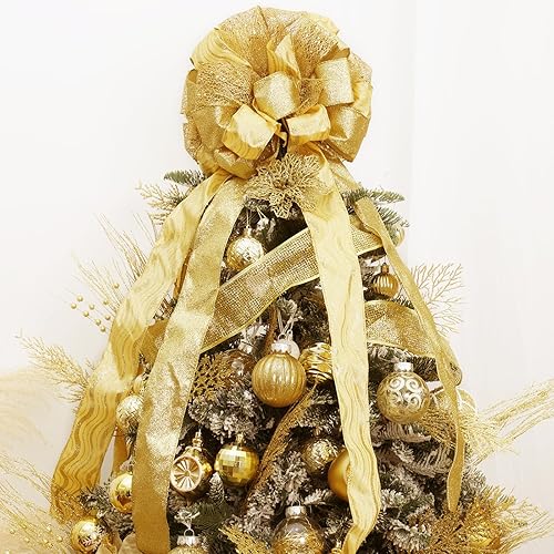 Miniatura 5 de Decoración para árbol de Navidad, adorno de Navidad con serpentinas de malla de satén con purpurina, para decoración y regalo de Navidad (oro)