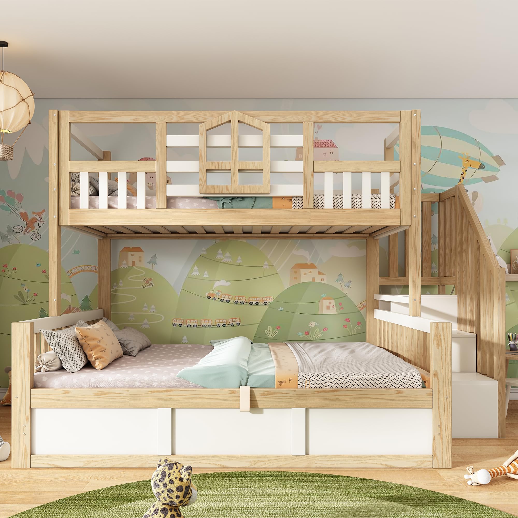 Letto a castello con cassettoni 90x200 cm & 140x200 cm, letto per bambini in stile baita con spazio di archiviazione, scala, protezione rialzata, in pino (J, 90x200cm&140x200cm)