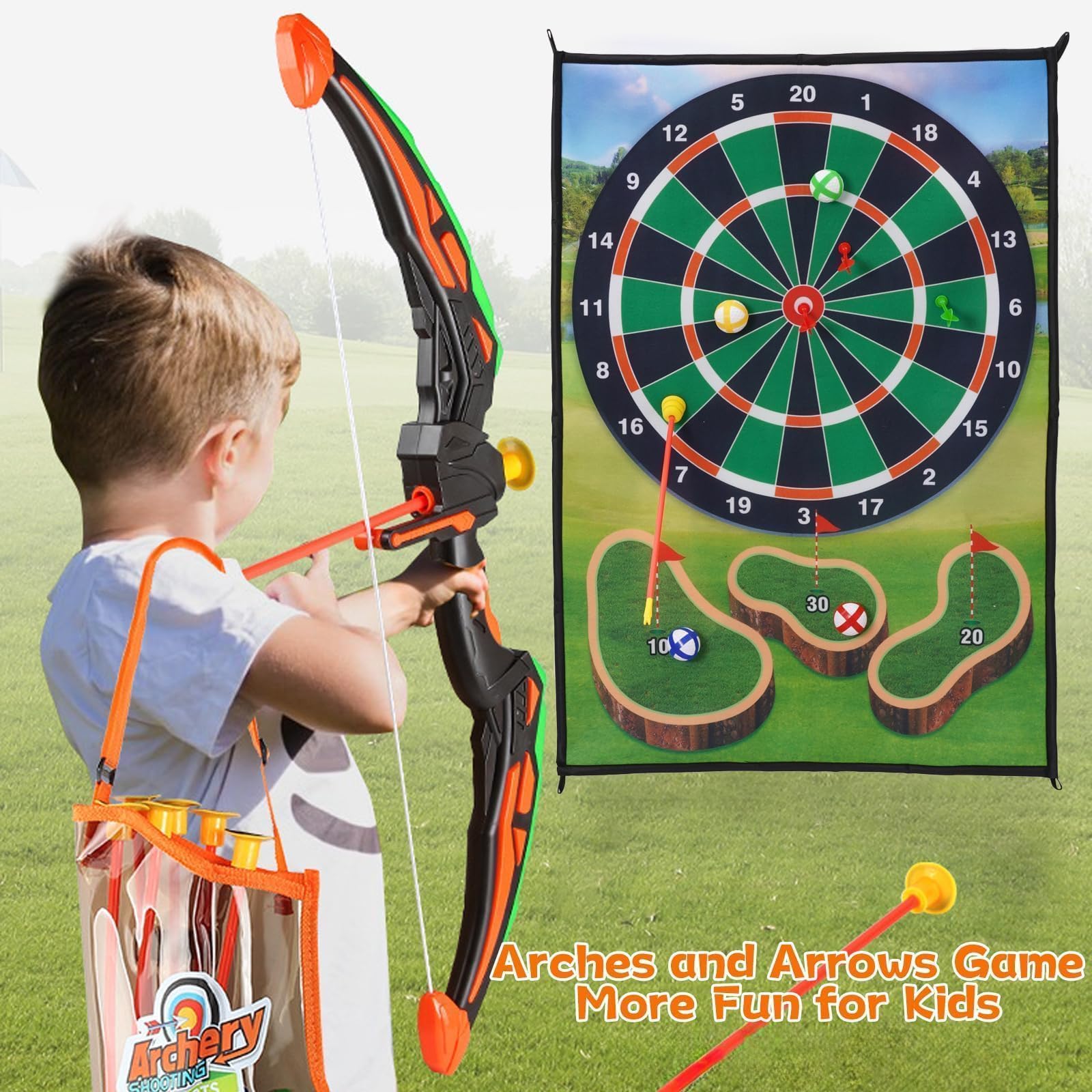Bambini Arco e frecce e Mini Golf 2 in 1 Set di Giocattoli con 6 frecce e 12 Palle da Golf, Regalo per Ragazzi e Ragazze da 3 a 12 Anni, Giochi interattivi per la Famiglia all'aperto