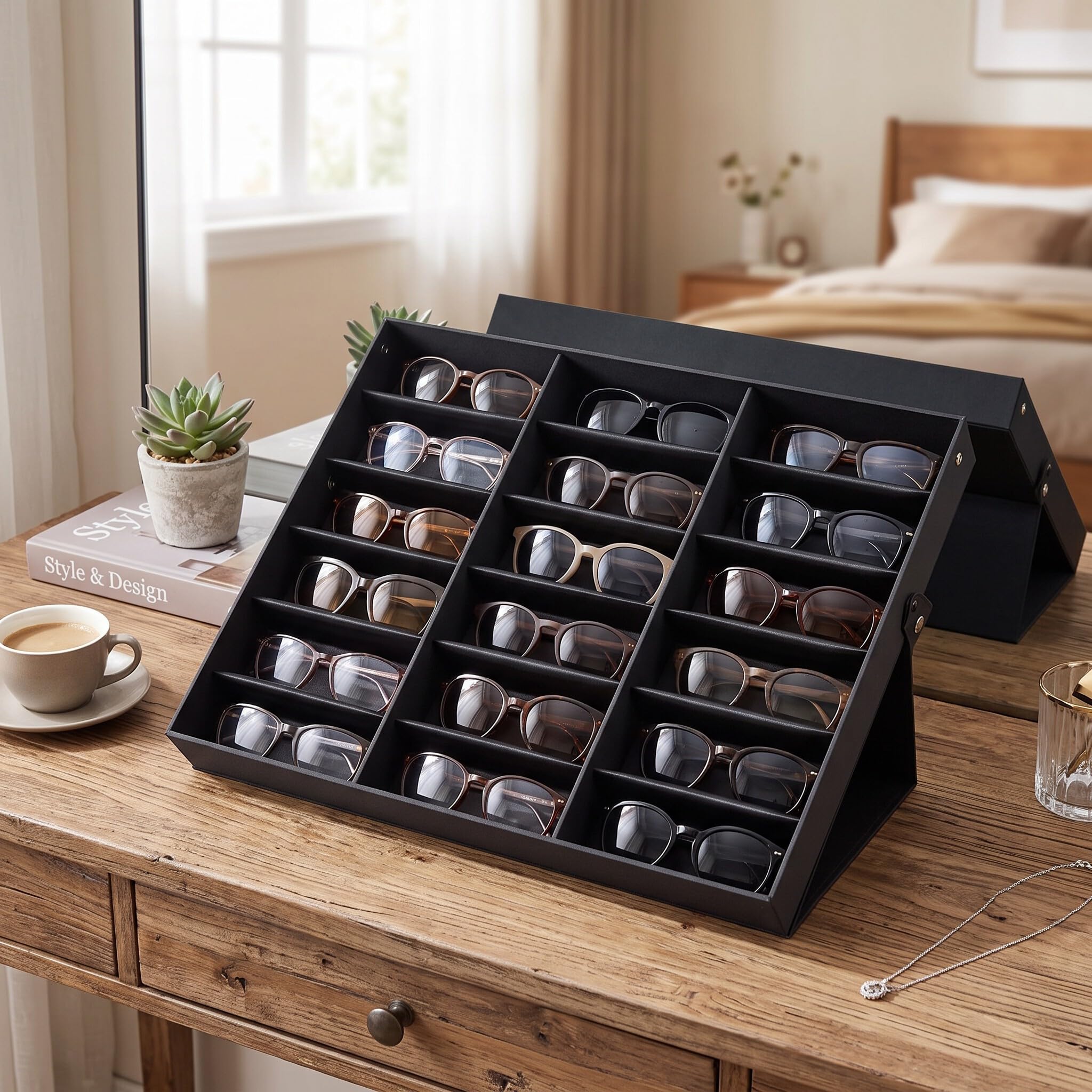 Wakects Expositor para Gafas y Joyas, Caja Organizadora de 18 Compartimentos, 47 x 37 x 6 cm