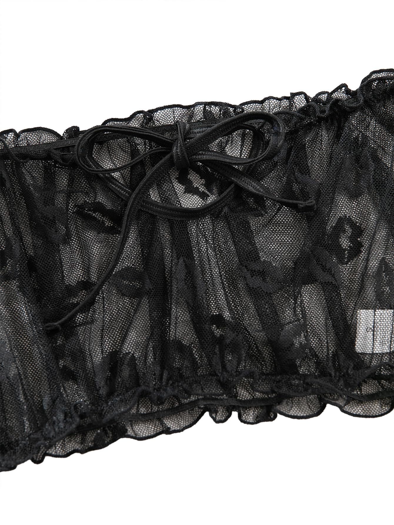 Lilosy Sexy Stretch Ruffle Tie Sheer Mesh Lingerie Set Outfits: 2X-Small Lips Sheer Black