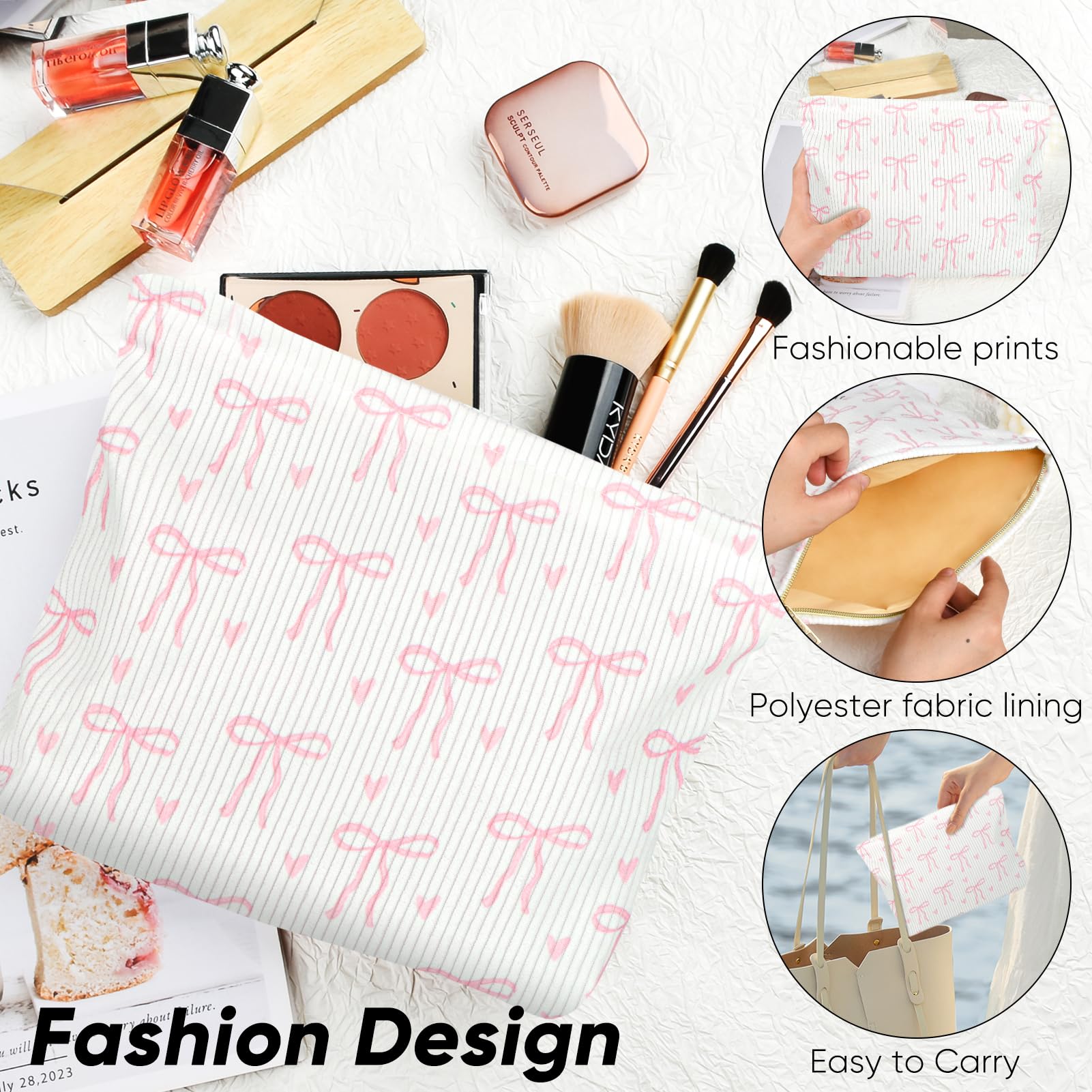 Ksriylm Pink Bow Cosmetic Bag for Women,Cute Canvas Toiletry Organizer Storage with Purse Zipper,Small Multifunctional Travel Makeup Bag,Aesthetic Travel Toiletry Bags - Image 4