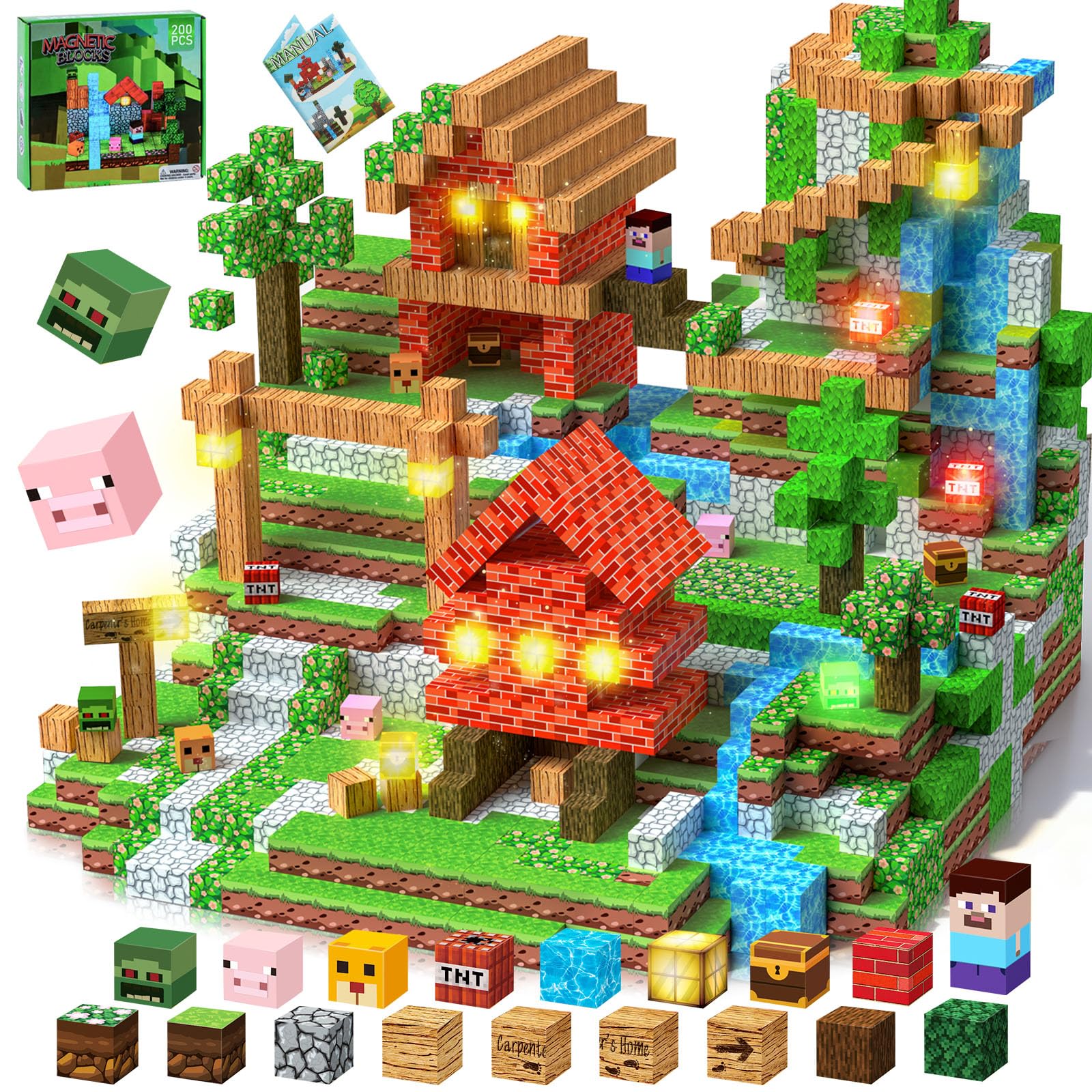 YOOHBERRYS Costruzioni Magnetiche per Bambini 200 PCS 2CM, Giochi Cubi Magnetici Luminose con LED, Blocchi Magnetici Building Blocks Giocattoli Montessori per Bambini 3 4 5 6 7 8 9 Anni