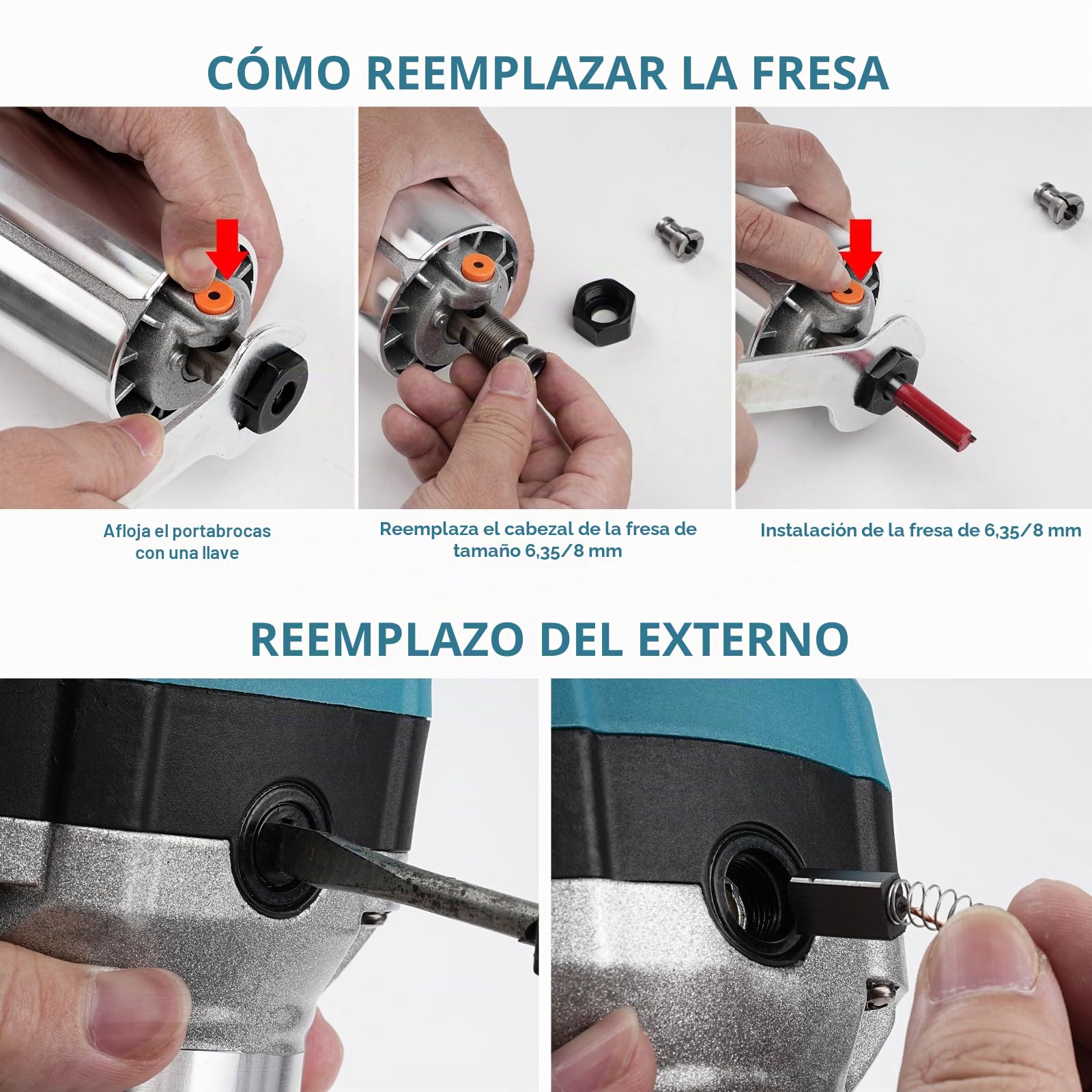 Fresadora de Madera 1000 W, 6 Velocidades Variables, Fresadora Multifunción con Juego de Brocas 16 Piezas y Bolsa de Herramientas, Diámetro de Pinza de 6,35 y 8 mm
