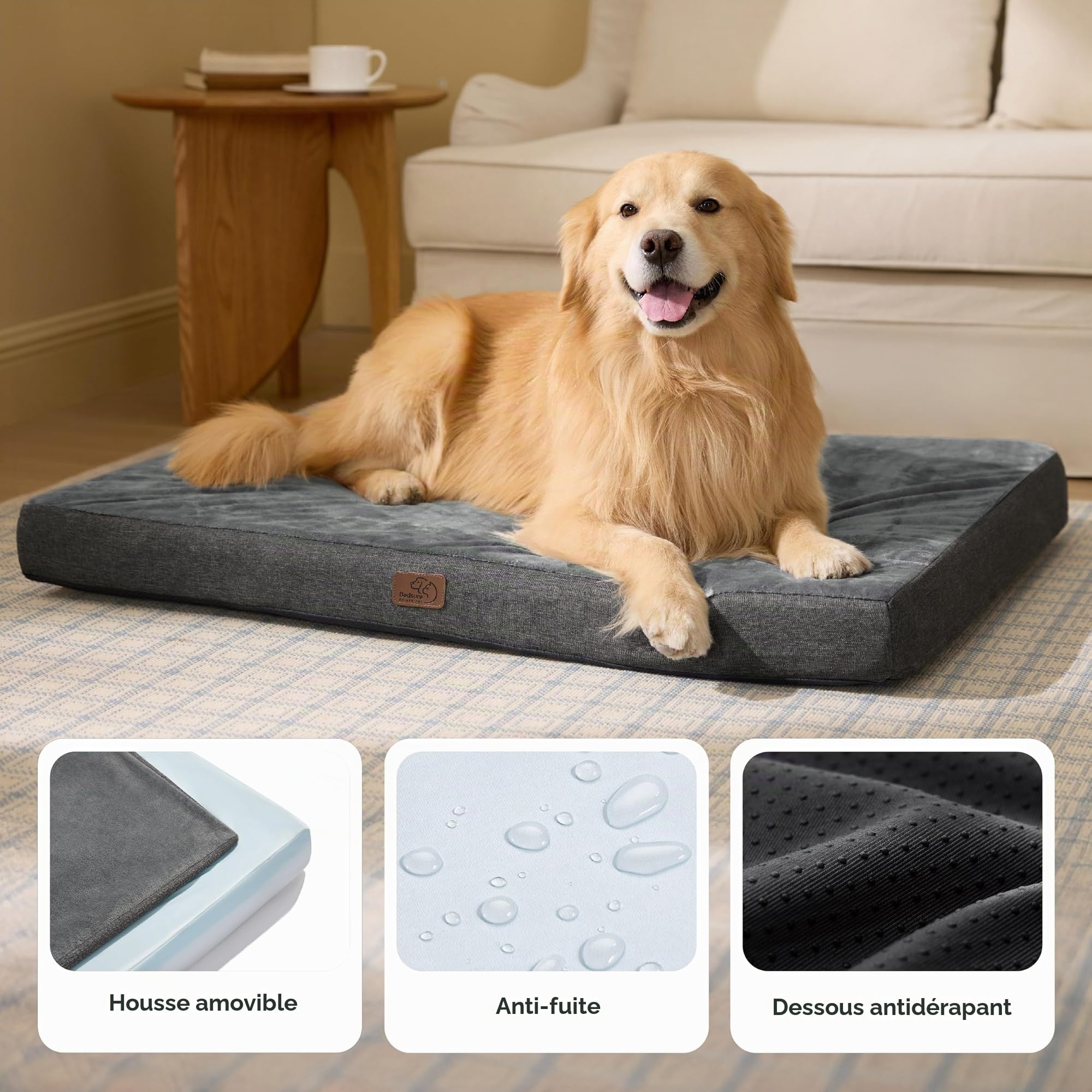 Bedsure Matelas Chien Mémoire de Forme Orthopédique 104x74cm Gris - Coussin Lavable Antidérapant Lit Intérieur