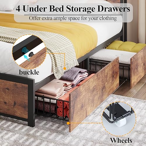 Miniatura 4 de Base de cama matrimonial con 4 cajones de almacenamiento, marco de cama LED con carga y tomas inalámbricas y puerto USB y tipo C, marco de cama de