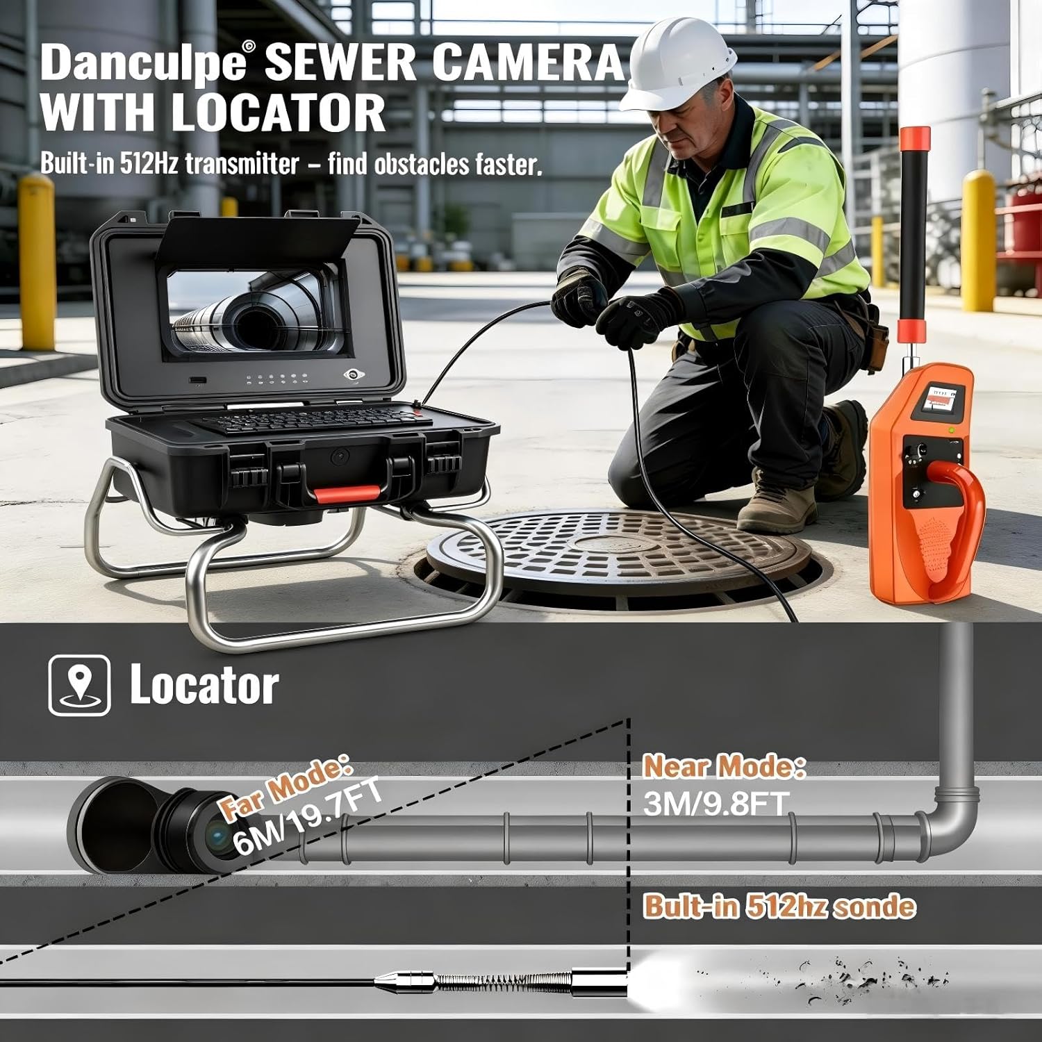Sewer Camera with 512Hz Locator, Self Leveling, 165FT/50M, 7MM Cable, 10" HD Pipe Drain Inspection Camera with DVR, Distance Counter, IP68 Plumbing Snake with 12 LEDs for Home,Duct
