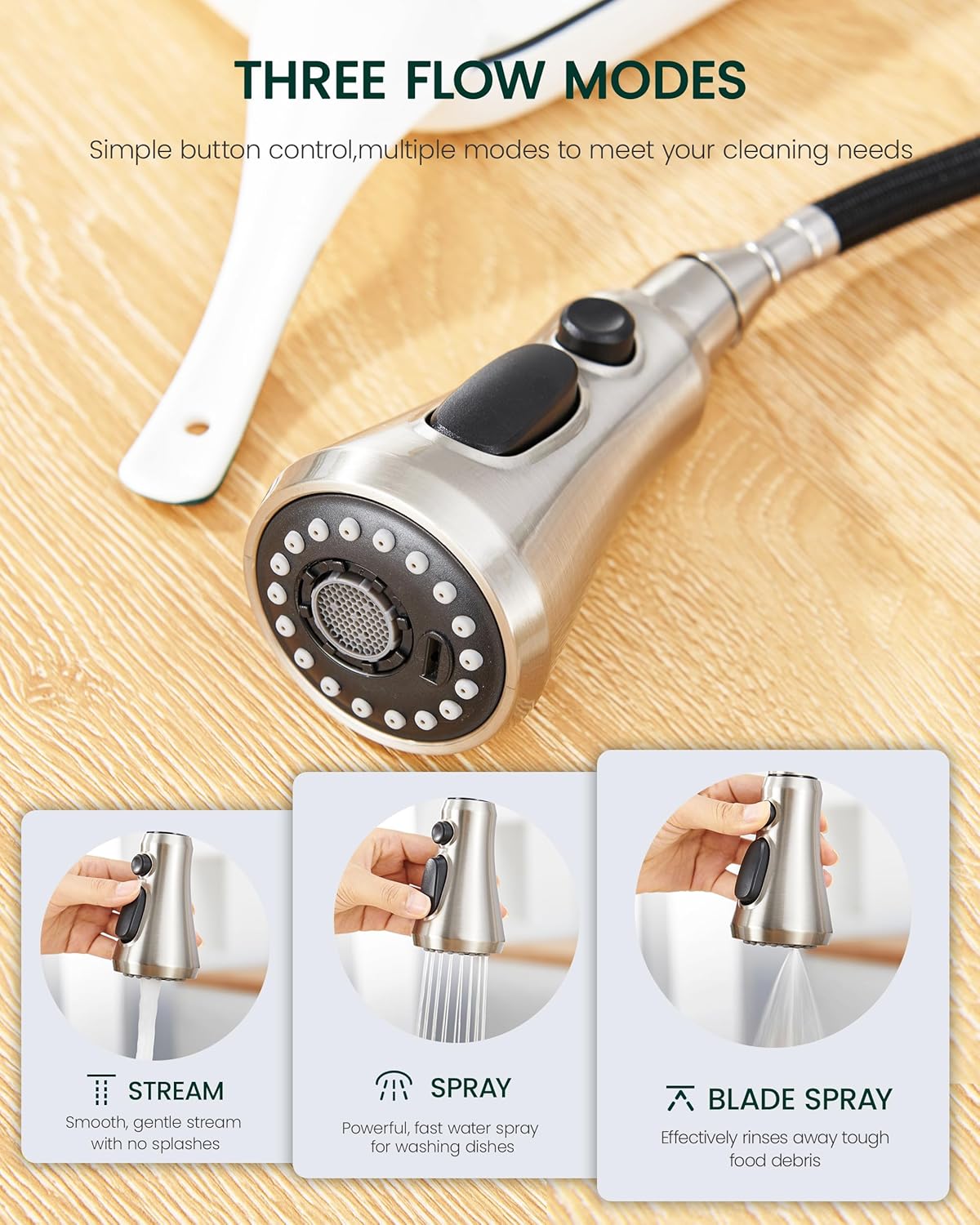 Kitchen Faucet Head Replacement, 3-Function Pull Down Faucet Spray Head with 15 Adapters - Replacement Pull-Out Sink Spout Sprayer Nozzle, Brushed Nickel