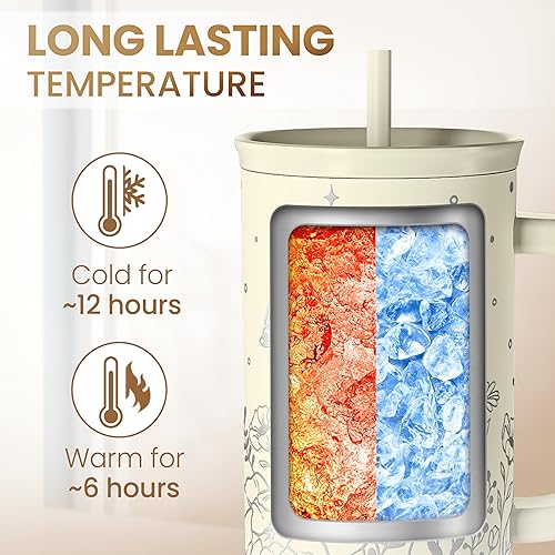 Miniatura 4 de SANDJEST Vaso floral con asa de 40 onzas, vasos aislados de acero inoxidable, taza de viaje para café con pajilla, taza de café de flores, regalos