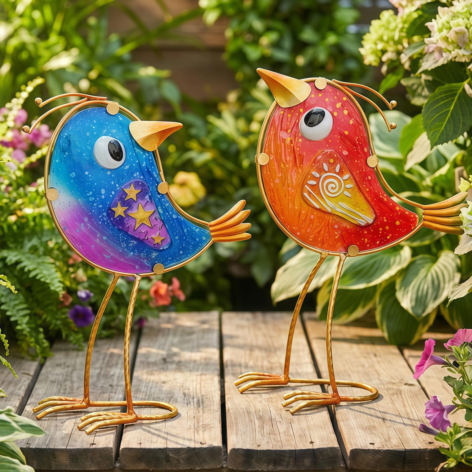 Metal & Glass Decorative Garden Bird Figurines - Set of 2
