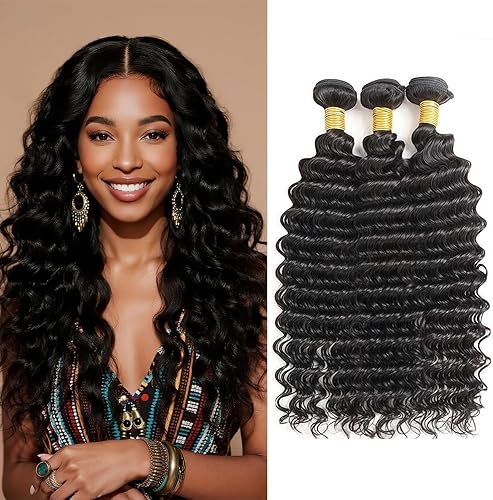 Deep Wave Human Hair Bundles 1B Natural Black 22 24 26 Inch 12A Brazilian Virgin