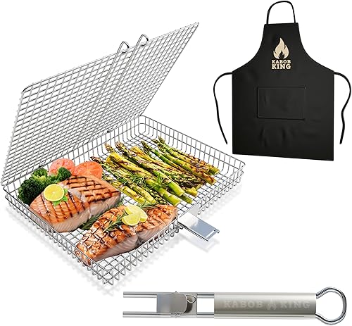 Original - Cesta de parrilla Jumbo XL con mango desmontable y tapa de bloqueo fácil de abrircerrar. Construcción de acero inoxidable mejorada con
