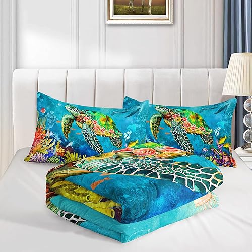 Miniatura 8 de Juego de edredón con diseño de tortuga y rosas, tamaño Queen, diseño de medusas y estrellas de mar, animales marinos, reptiles y 2 fundas de