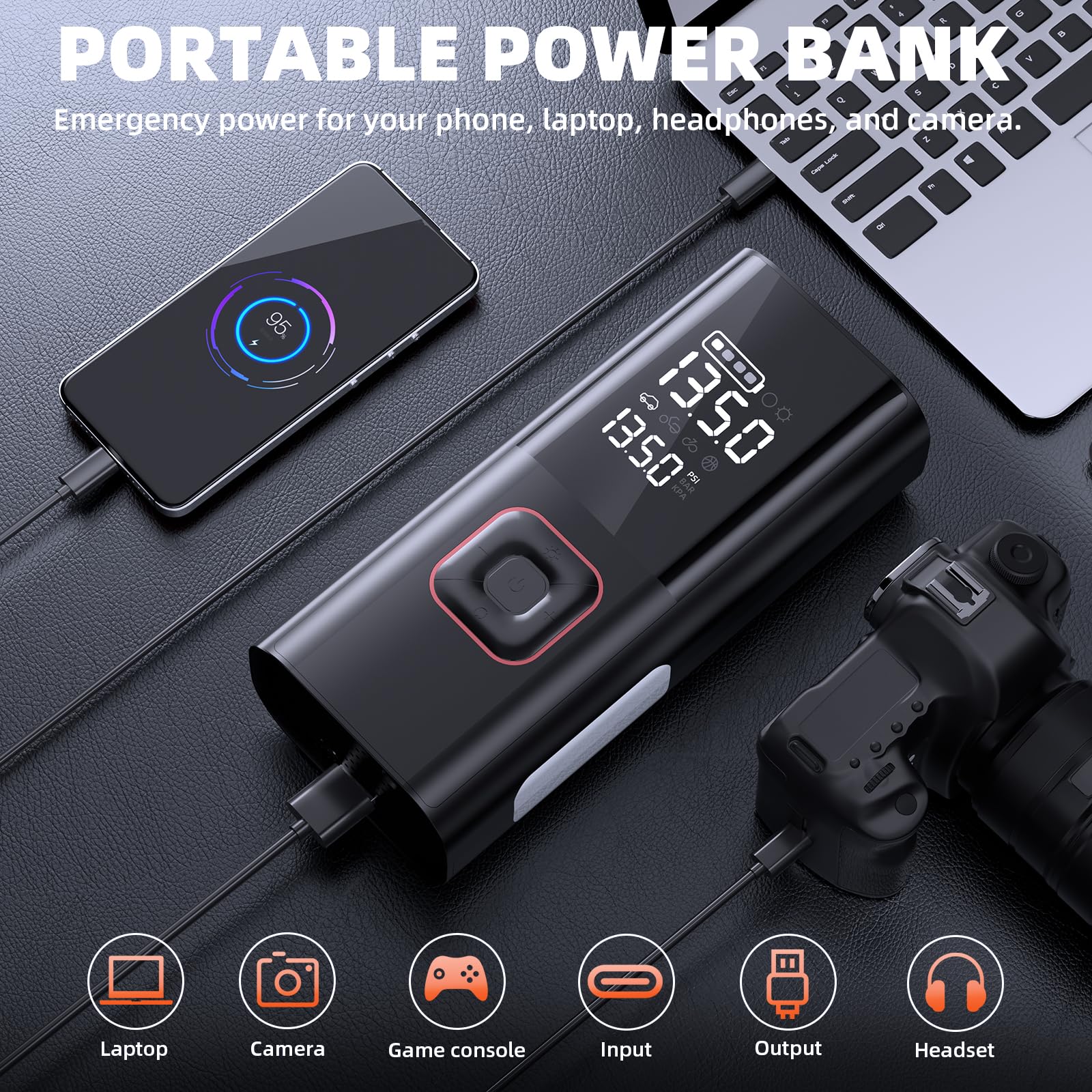 Jump Starter with Air Compressor, 5000A Battery Jumper Starter Portable (9L Gas/8L Diesel) with 160PSI Auto-Shutoff Tire Inflator, 12V Jump Box Car Battery Jump Starter with Jumper Cables, LED Light