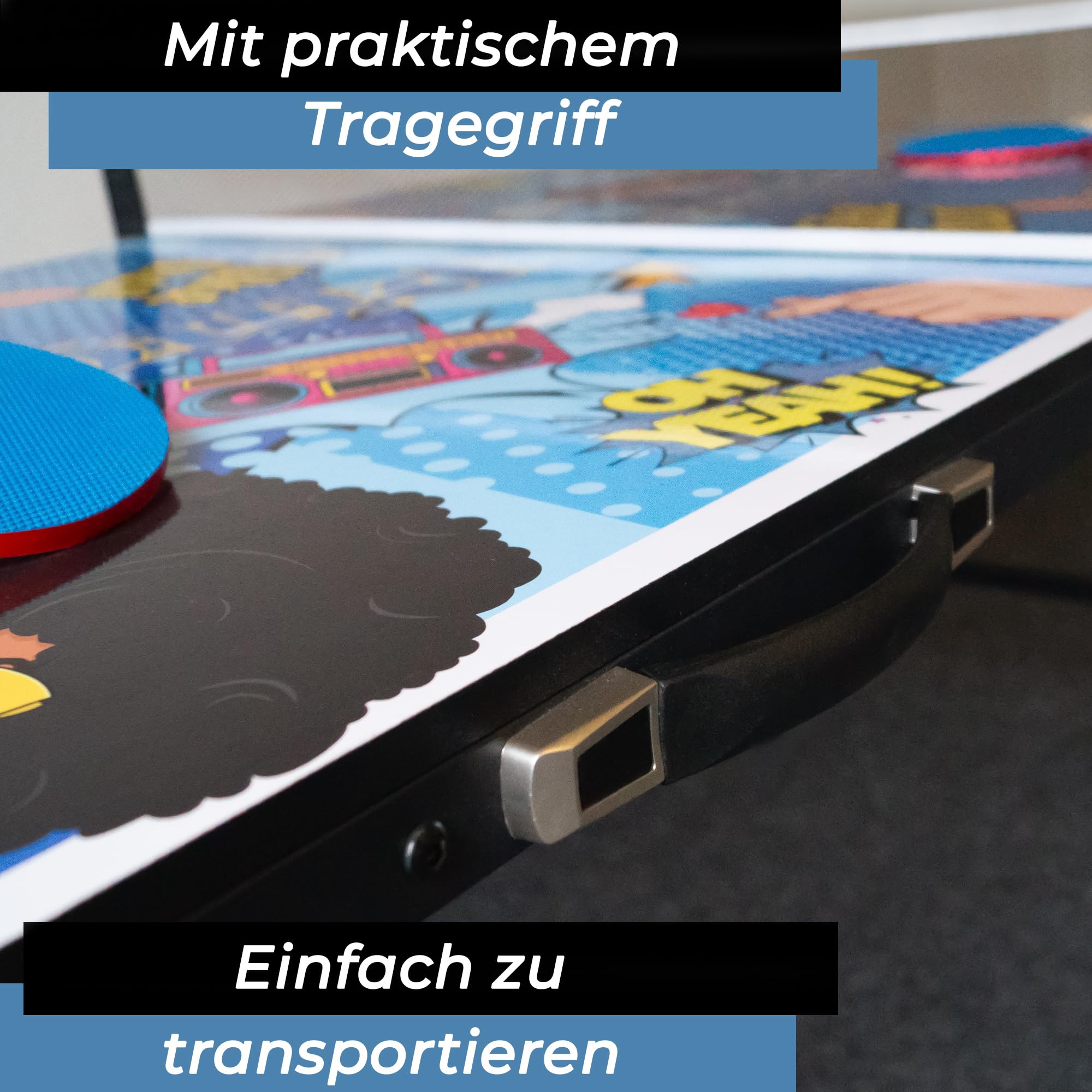 Bandito Mini tavolo da ping pong con 2 racchette e 3 palline in stile fumetto, pieghevole con maniglia per il trasporto, tavolo da ping pong di medie dimensioni, piccolo tavolo da ping pong per