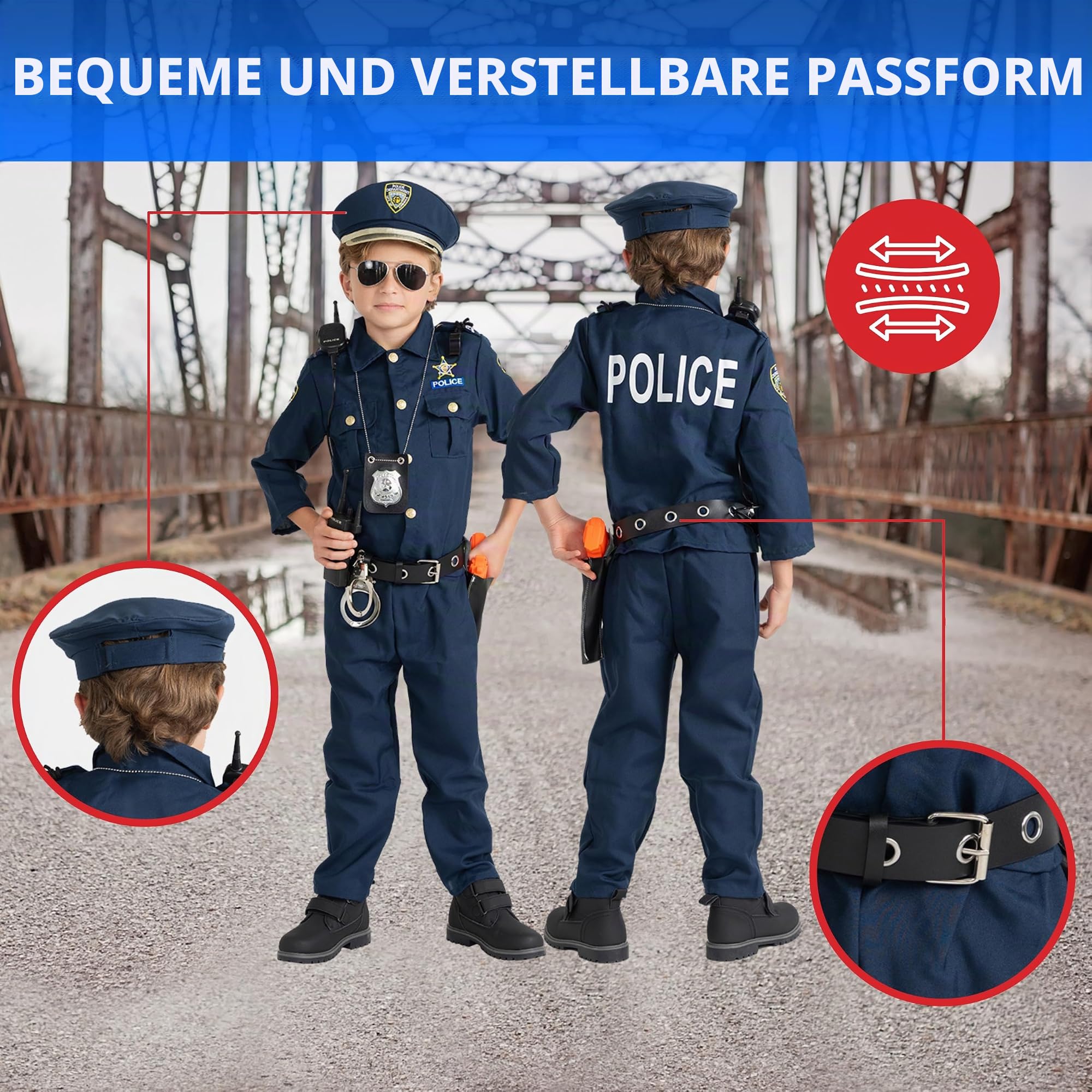 Dress Up America Polizeikostüm für Jungen – Hemd, Hose, Hut, Gürtel, Trillerpfeife, Pistolenhalfter und Walkie-Talkie-Cop-Set, Blau