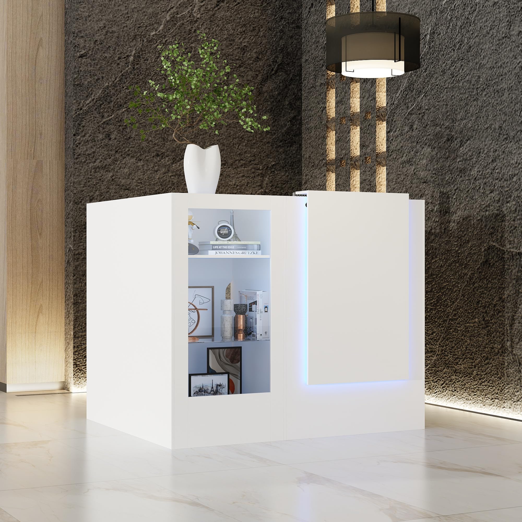 Cassetto angolare bianco con cassetto tastiera e 2 armadi, cassette ricezione con strisce luminose e vetro tempered, tavolo reception 120x122