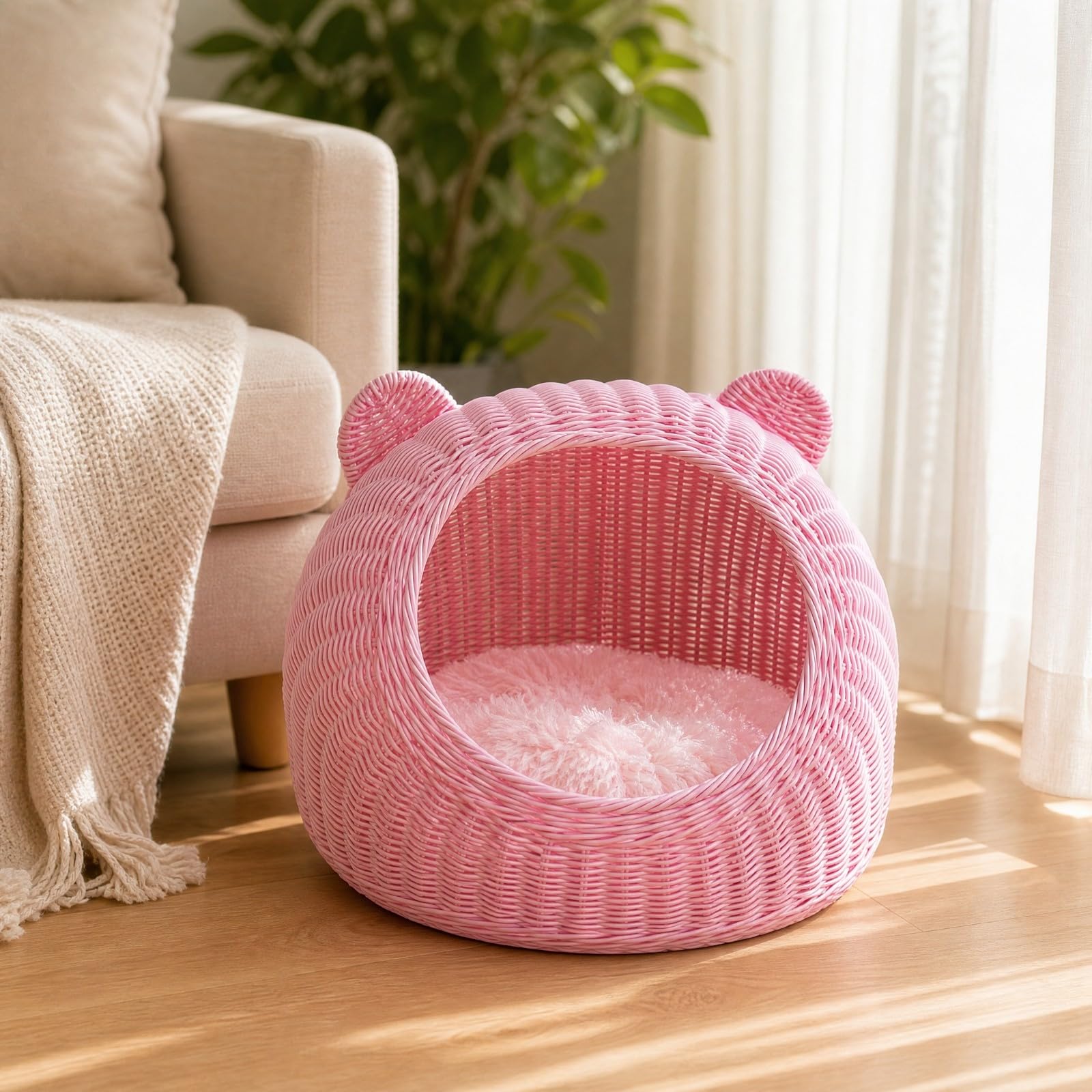 Cesta Camita Mimbre Redonda Tejida con Cojín Transpirable Pared Resistente 1 Cm Adecuada para Mascotas Descansar Cómodamente Habitación Patio, M