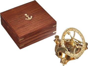 Solid Brass 3 Sundial Compass - W/ Inlaid Hardwood Box
