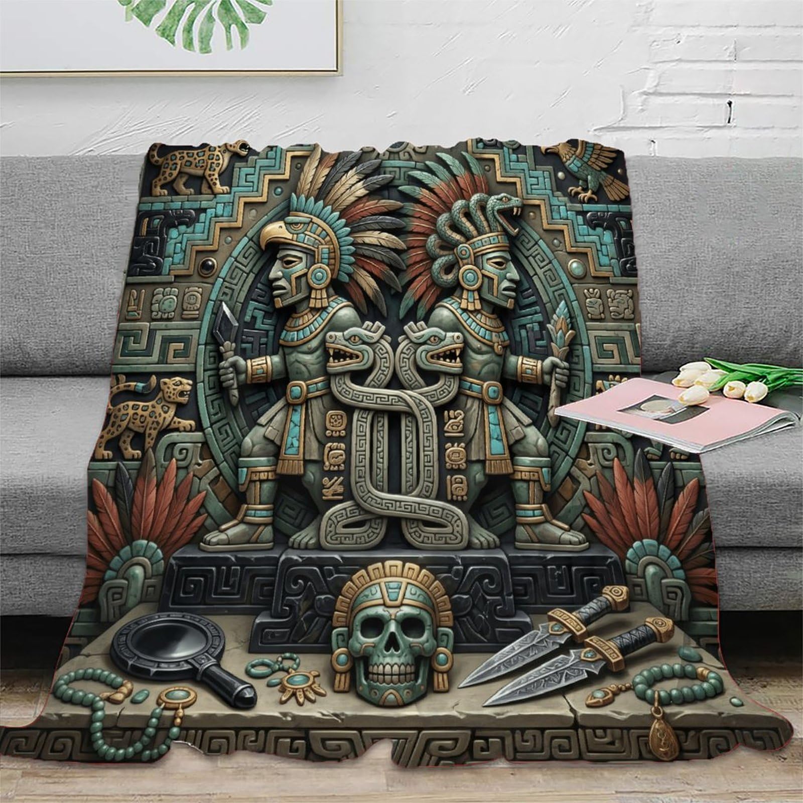 W7C8U2X3 Gemini Zodiac Aztec Art Flannel Throw Blanket, Bedroom Sofa Couch