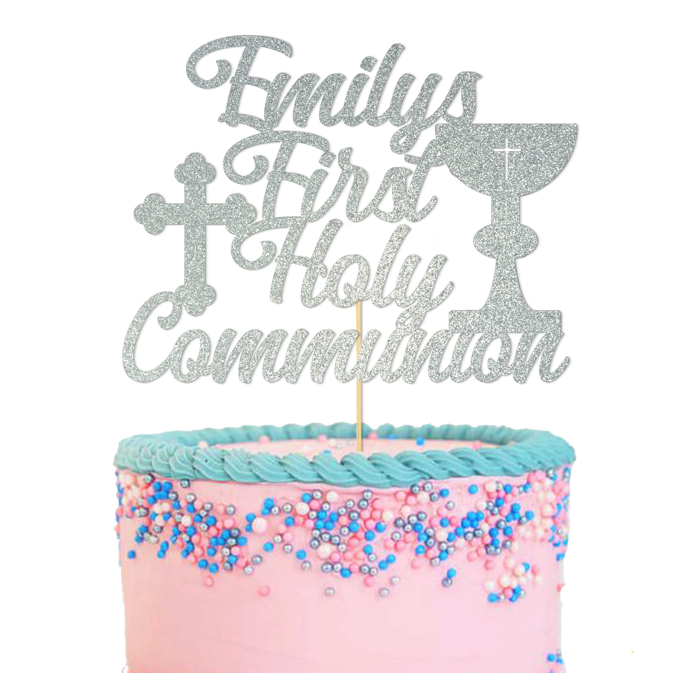 GuteGifts Personalised First Holy Communion Cake Topper - Grail Cross Christening Baptism Confirmation 1st Communion Party Decor Multicolour Glitter Hand Finished in UK (Silver)