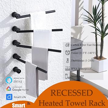 Electric Towel Warmer Concealed Smart, 75W Swivel Heated Towel Rack for Bathroom, Built-in Modular Electric Towel Rack with Timer, Thermostat, LED Display, APP, 4 Bar 180 Rotation, Hardwired, Black